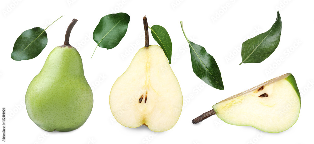 Set with tasty ripe pears on white background. Banner design Set with tasty ripe pears on white background. Banner design