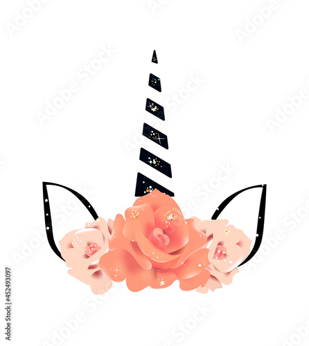 Unicorn head with roses. Shining magic unicorn print. Party invitation card. 