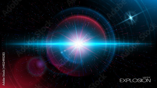 Vector. A supernova explosion in outer space. Dark, dark blue and red tones. Abstract futuristic background. The space of the universe. Nebula and plasma. Infinity. Place for text. photo