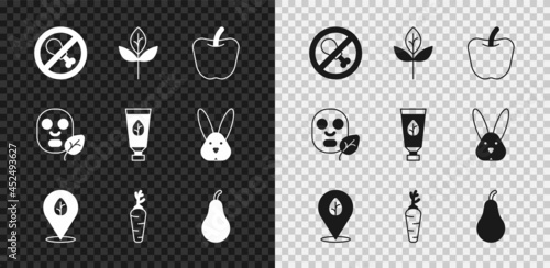 Set No meat, Leaf or leaves, Apple, Vegan food diet, Carrot, Pear, Facial cosmetic mask and Organic icon. Vector