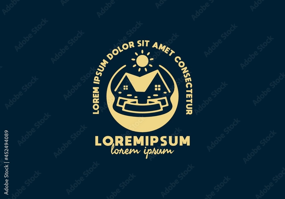 House and sun line art illustration with lorem ipsum text House and sun line art illustration with lorem ipsum text