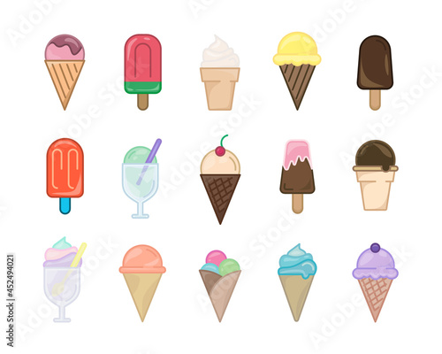 Set of ice cream icons. Flat illustration pictogram for web. Line stroke. Simple symbol isolated on white background. Outline vector eps10