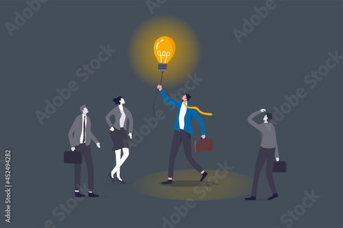 Fototapet Brighten up business, bright light to guide career path, creativity for solution, lit up to see way in the dark concept, smart businessman manager holding lightbulb idea to help colleague in the dark