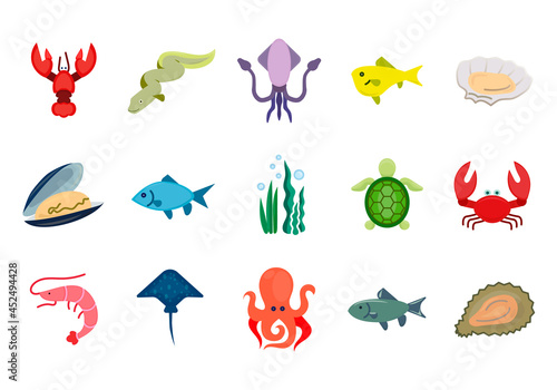 Set of seafood flat icons. Pictogram for web. Sea animals simple symbols. Shrimp, fish, crab, oyster and other ocean animals isolated on white background. Vector eps10