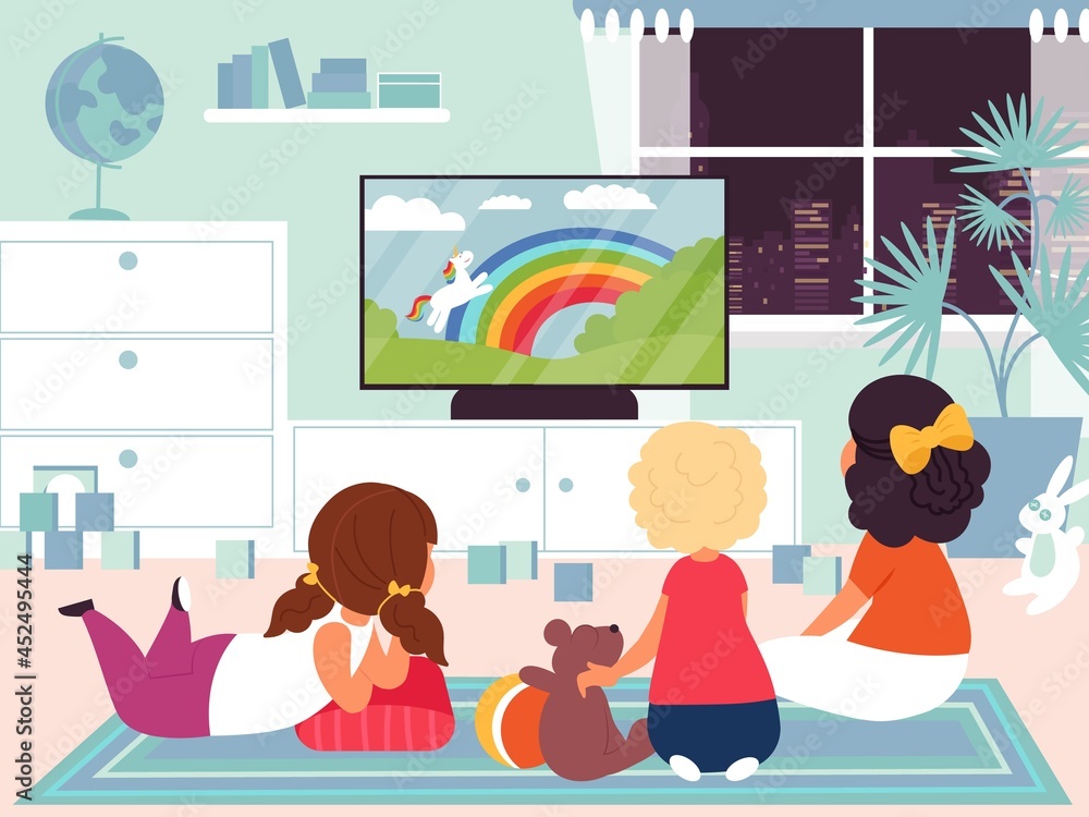 Kids watching tv. Child television, children in room watch movie or