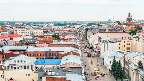 Fototapeta Naklejka Na Ścianę i Meble -  Panorama of Kazan, Russia. Rooftops, Bauman Street, Kul-Sharif Mosque