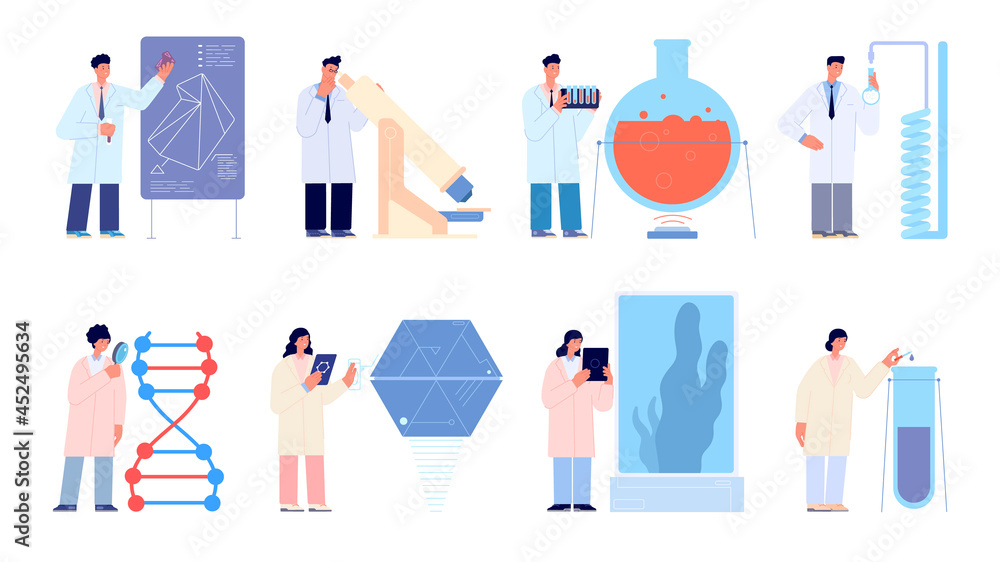 Laboratory workers. Engineer researcher, scientist work with lab equipment. Biologist researching, science technology students utter vector set