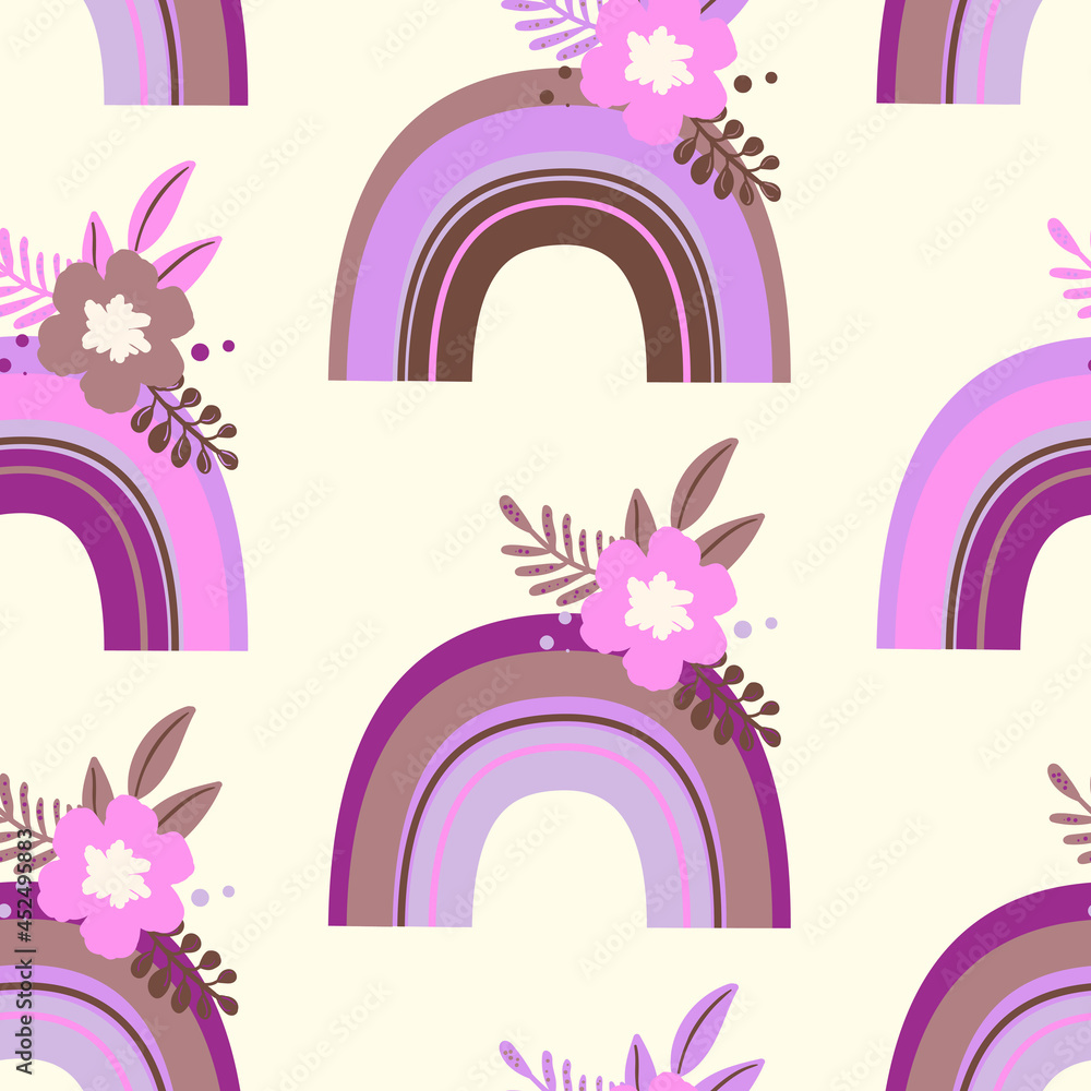 Trendy seamless pattern with colorful rainbow, flowers on color background. Design for invitation, poster, card, fabric, textile, fabric. Cute holiday illustration for baby. Scandinavian doodle style Trendy seamless pattern with colorful rainbow, flowers on color background. Design for invitation, poster, card, fabric, textile, fabric. Cute holiday illustration for baby. Scandinavian doodle style
