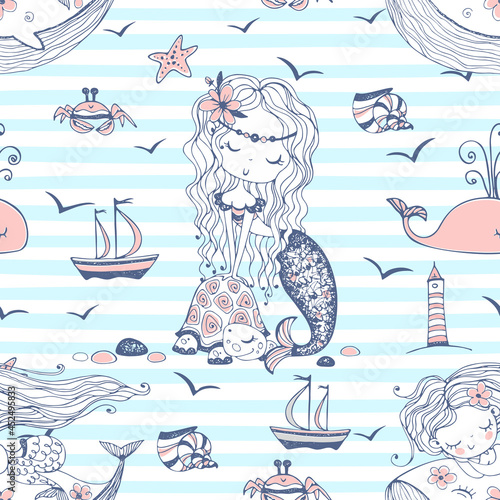 Seamless pattern with cute mermaids on a striped background. Vector