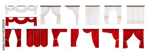 Curtains set. Red white curtain, isolated textile theater drape collection. Hanging fabric with golden ropes, show cinema, anniversary entertainment advertising vector elements