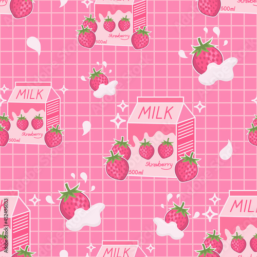 Strawberry flavored milk drink cute aesthetic style with grid lines seamless vector pattern design