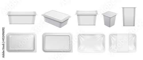 White plastic containers. Food container, packaging for take away and yogurts. Realistic boxes for cafe, bar, restaurant, top view reusable dishes vector mockup