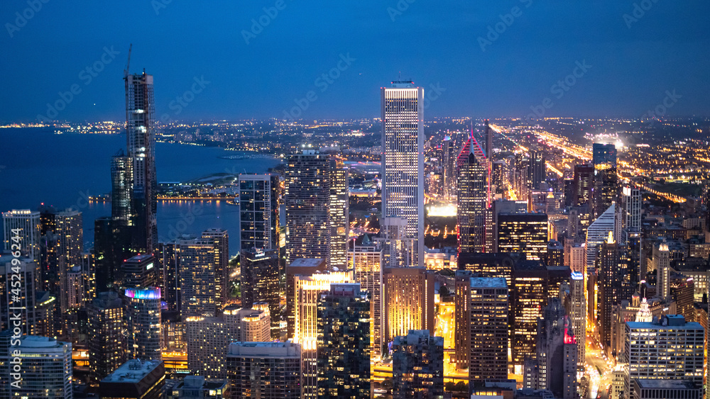 Chicago by night - amazing aerial view over the skyscrapers - CHICAGO, ILLINOIS - JUNE 12, 2019