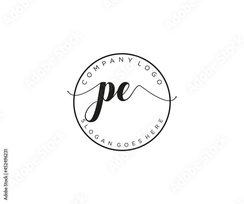 initial PE Feminine logo beauty monogram and elegant logo design, handwriting logo of initial signature, wedding, fashion, floral and botanical with creative template.