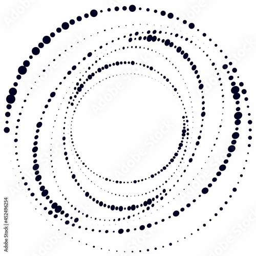 Dots abstract circle background. Dotted speed lines, halftone spiral shape, geometric template for logo or other element.