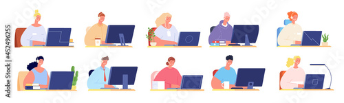 Call center characters. Work customer service, company employees with headsets and laptops sitting at desk. Telemarketing consultant utter vector set