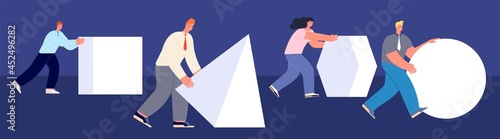 Business competition metaphor. People pushing figures, efficient innovator and team. Financial contest, effective manager and workers utter vector concept