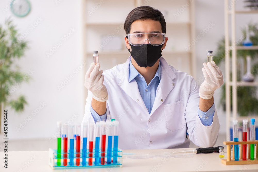 Young male chemist working at the lab during pandemic Young male chemist working at the lab during pandemic