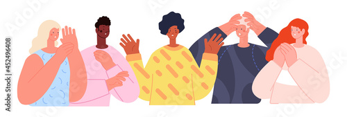 Happy person in shock. Woman looking excited expression, sad surprise people group. Shocked or disappoint friends, flat utter vector characters