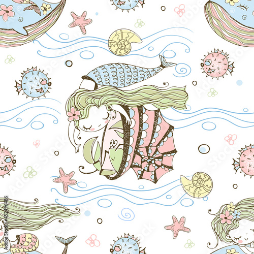 Seamless pattern with cute little mermaids and sea animals. Vector