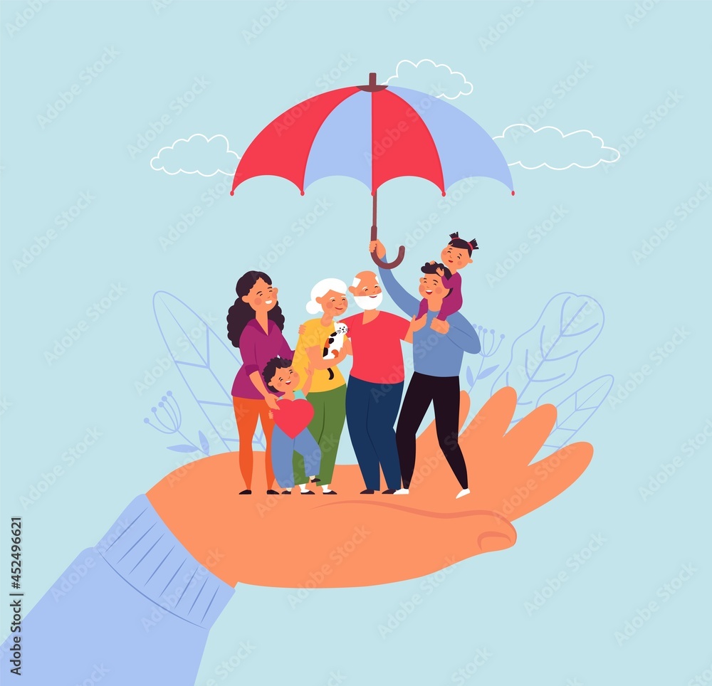 Family life insurance. Financial support, love parents and son. Protected future metaphor, people stand on hand under umbrella decent vector concept
