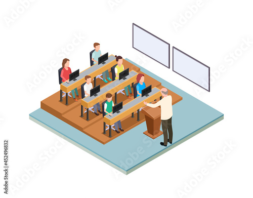 College education. Back to school, students at lesson or lecture. Teacher on podium, professor talk with children, isometric vector concept