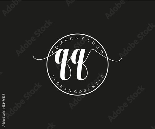 initial QQ Feminine logo beauty monogram and elegant logo design, handwriting logo of initial signature, wedding, fashion, floral and botanical with creative template.