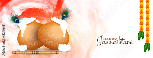 Happy Janmashtami festival banner cream pots and flute design