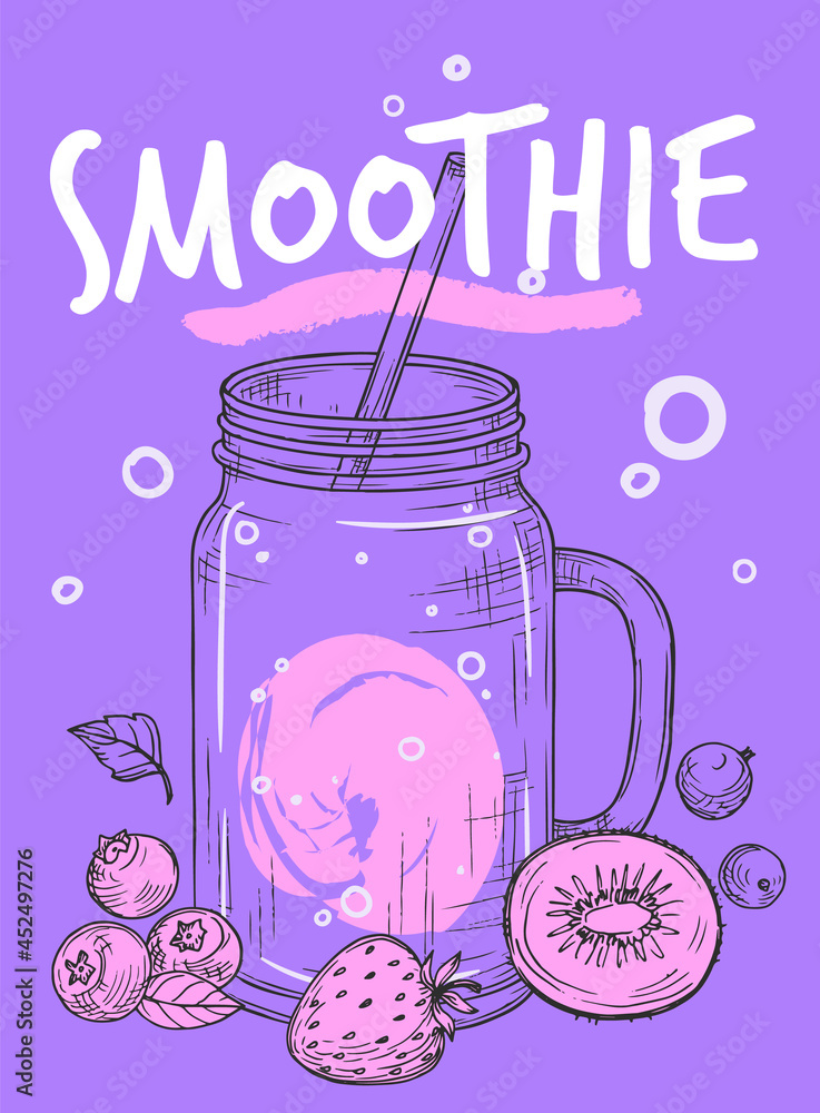 Sketch smoothie flyer. Fresh juice bar banner, vegan vitamin and healthy drinks from fruits and berries in jar, detox lifestyle vector poster