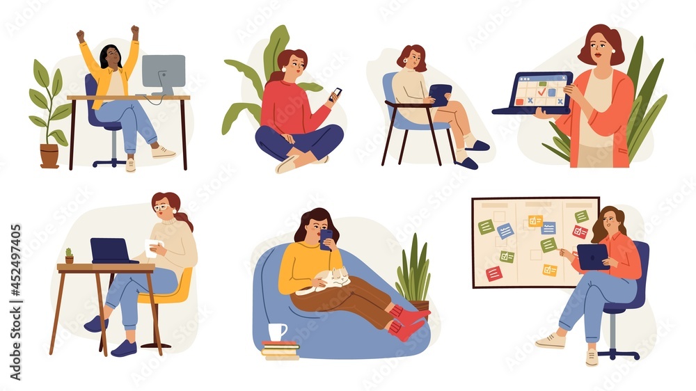 Woman working, female education. Young girl use laptop and smartphone. Diverse women with gadgets vector set