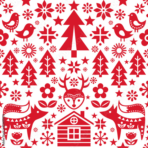 Scandinavian Christmas folk art seamless vector pattern wtih reindeer, birds, snowflakes and flowers, festive Nordic decoration
