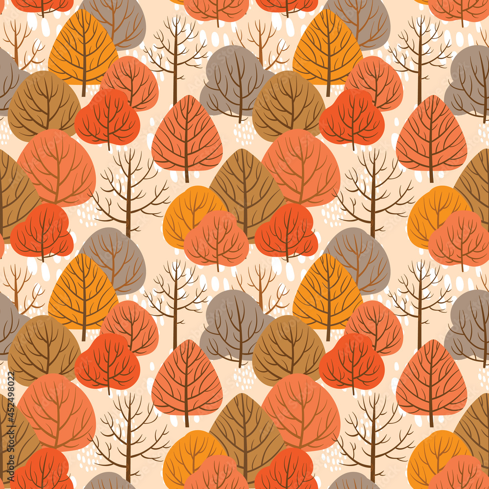 Autumn forest seamless pattern with different trees