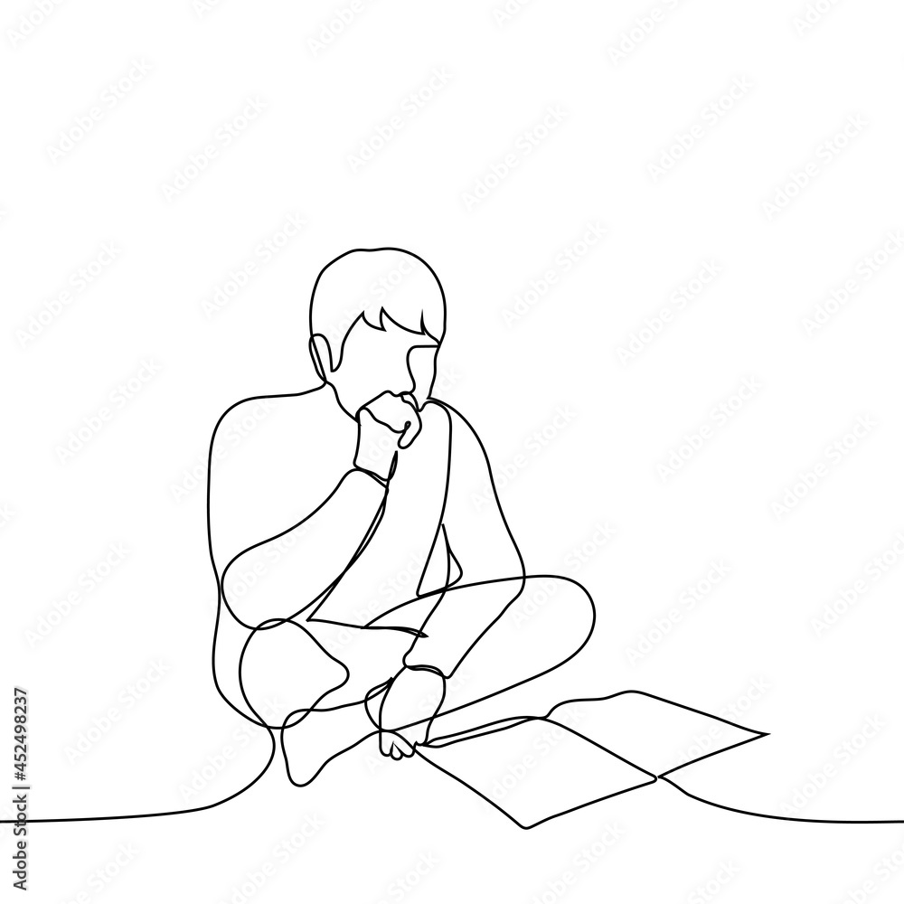 man is sitting on a bed or on the floor chatting a book (lectures) - one line drawing. concept student is preparing for the exam, applicant is preparing for admission, book lover is reading