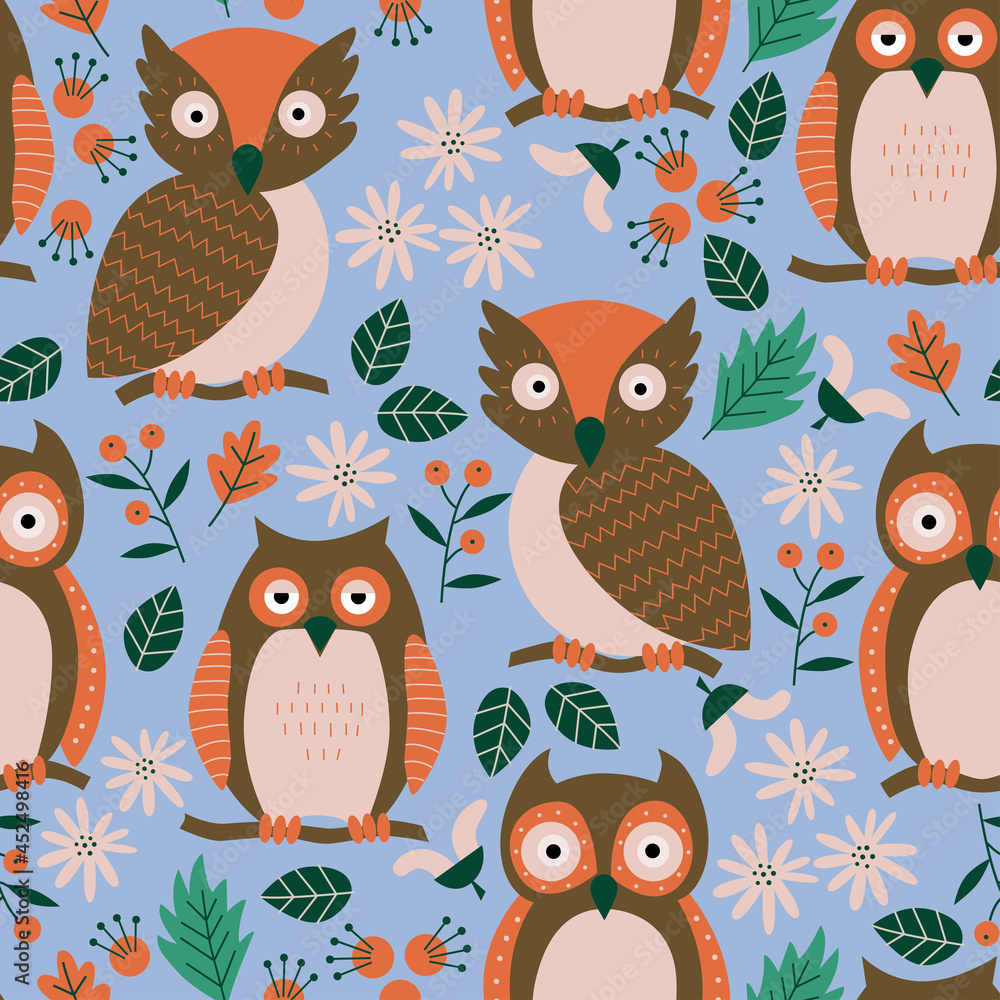 Obraz premium Cute and funny pattern with owl and forest flowers. Design for kids, school, autumn. Vector pattern.