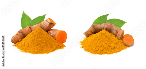 Turmeric (curcumin) rhizomes, powder, and green leaves isolated on white background, Used for cooking and as herbal medicine, collection.