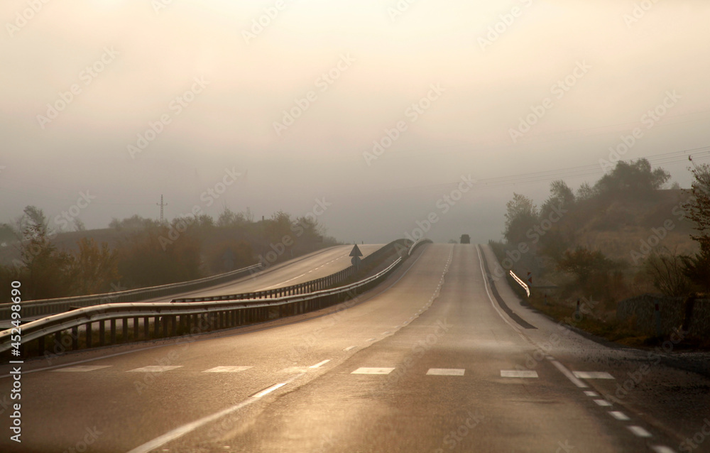 Foggy highway. Road landscape. Konya Amasya road Turkey.