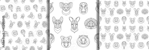 Australian animals outline coloring seamless patterns set. Vector illustrations