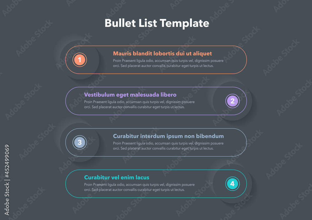 Modern infographic template for bullet list - dark version. Flat design, easy to use for your website or presentation. - obrazy, fototapety, plakaty 