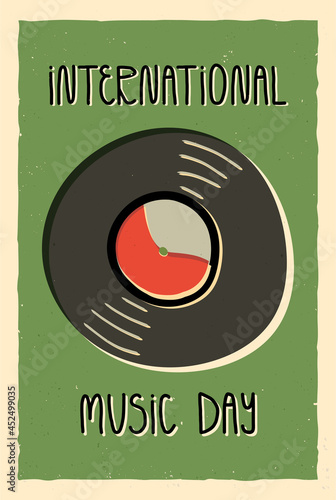 International Music Day retro style card, banner design. Funny vinyl record disc on textured green background.