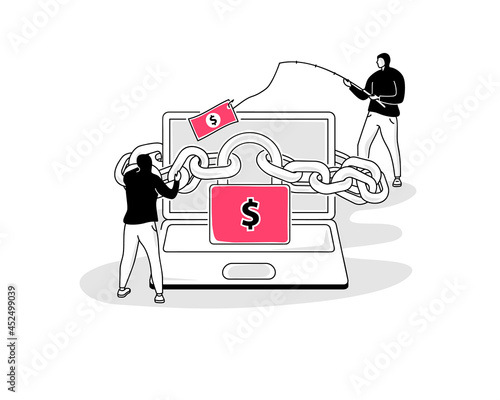Illustration of ransomware symbol with a laptop and two hackers. Easy to use for your website or presentation.
