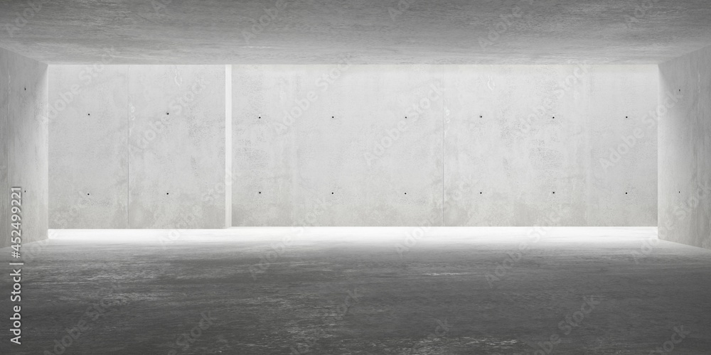 Abstract empty, modern concrete walls room with light in the back and openings left and right - industrial interior background template Abstract empty, modern concrete walls room with light in the back and openings left and right - industrial interior background template