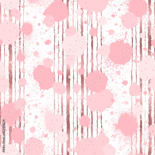 Abstract seamless pattern. Repeating pink watercolor backdrop. Background rose gold paint splatter. Pastel splash. Grunge texture. Repeated random watercolour brush strokes for design prints. Vector