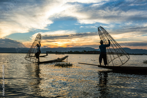 Myanmar. Inle lake. Fishermen Intha at sunset © BTWImages