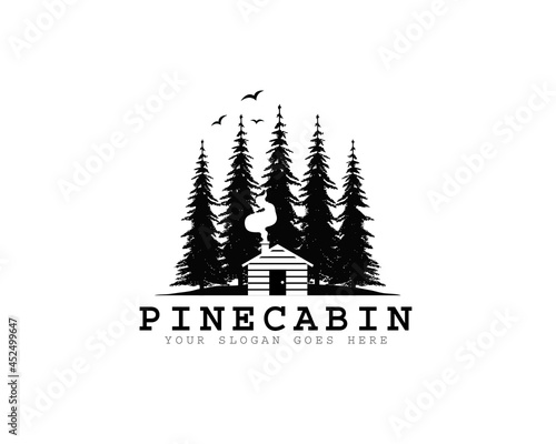 wood cabin logo vector graphic with chimney, smoke, birds, pines and mountain for any business especially for outdoor activity, hunting, travel and holiday relaxation