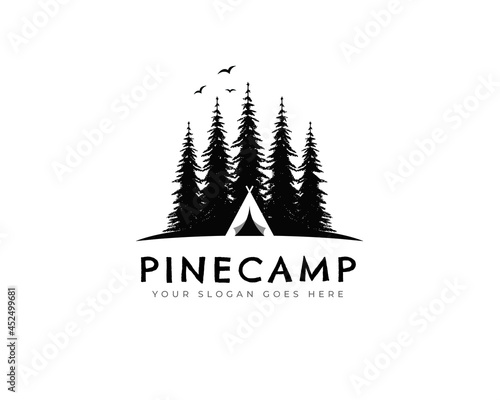 coniferous forest, mountains and wooden logo. camping and wild nature. landscapes with pine trees and hills.