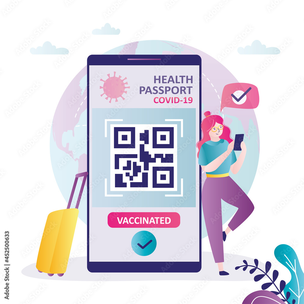 Woman tourist uses health passport with qr code to travel. Covid19