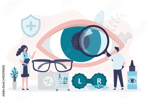 Specialist selects glasses or contact lenses for client. Different assortment of goods in optics store
