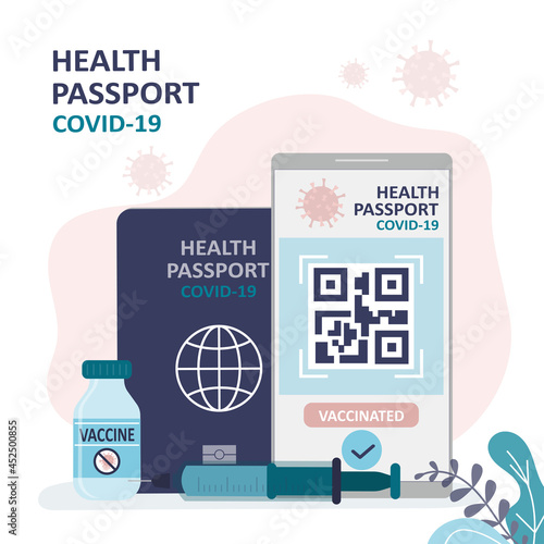 Electronic certificate of vaccination with qr code for travel. Digital health passport on mobile phone screen