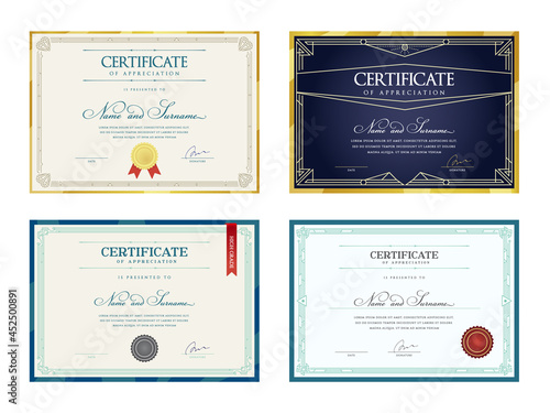 Set of Templates. Diploma Currency Border. Certificate of Appreciation. Award Gift Voucher. Vector illustration.