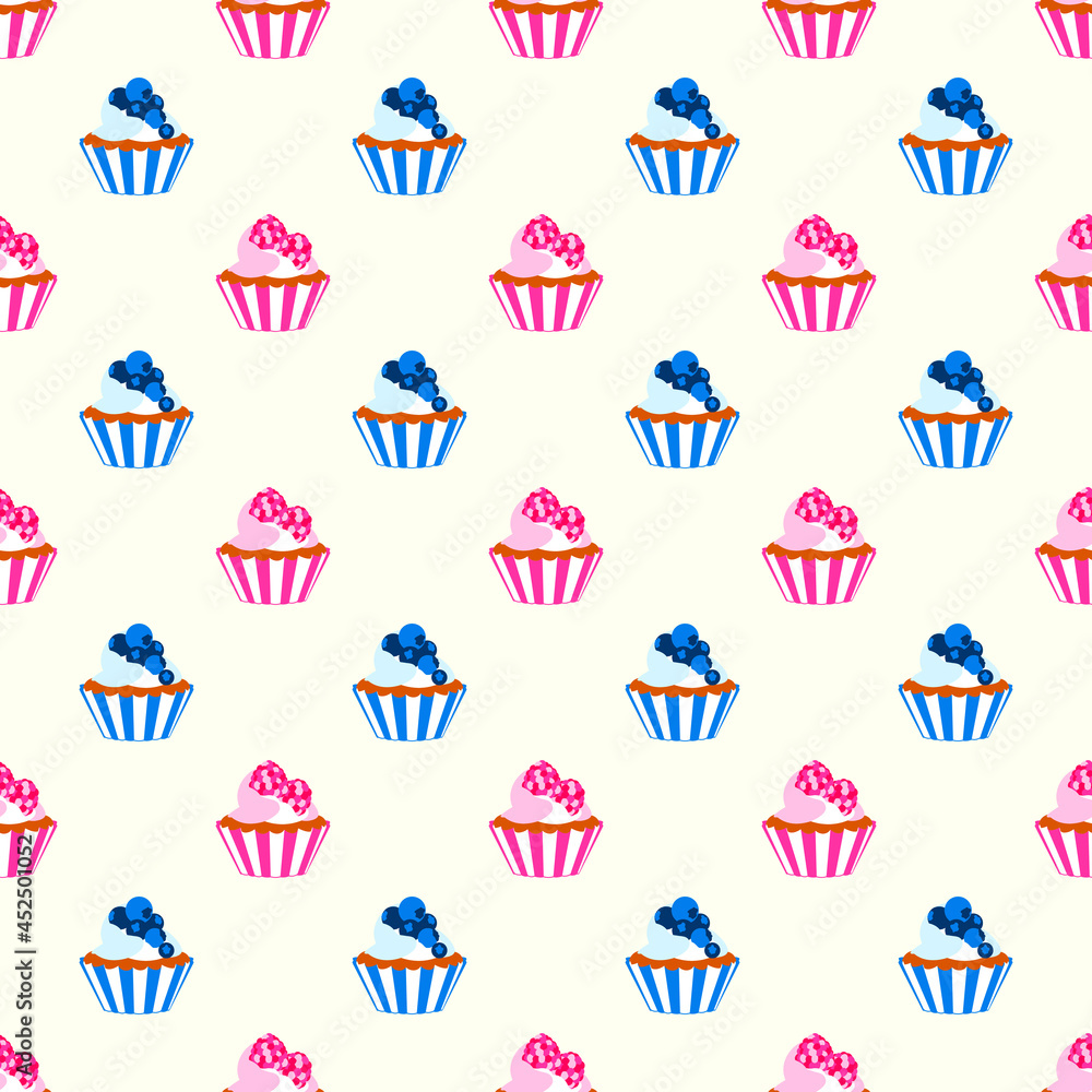 Sweet cupcake seamless pattern muffins with raspberry and blueberry cream topping